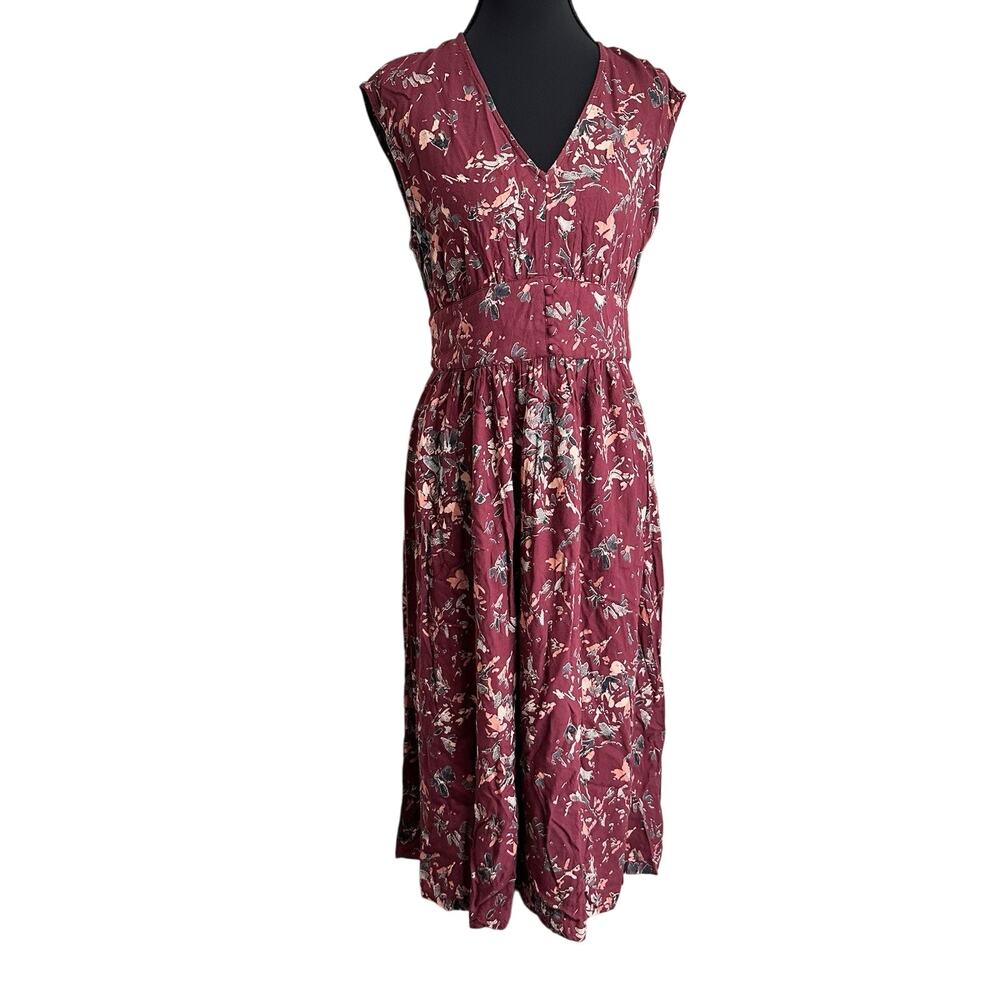 ROXY Y2K Midi Milkmaid Dress Maroon Floral Women's Size S‎ Cottagecore Feminine